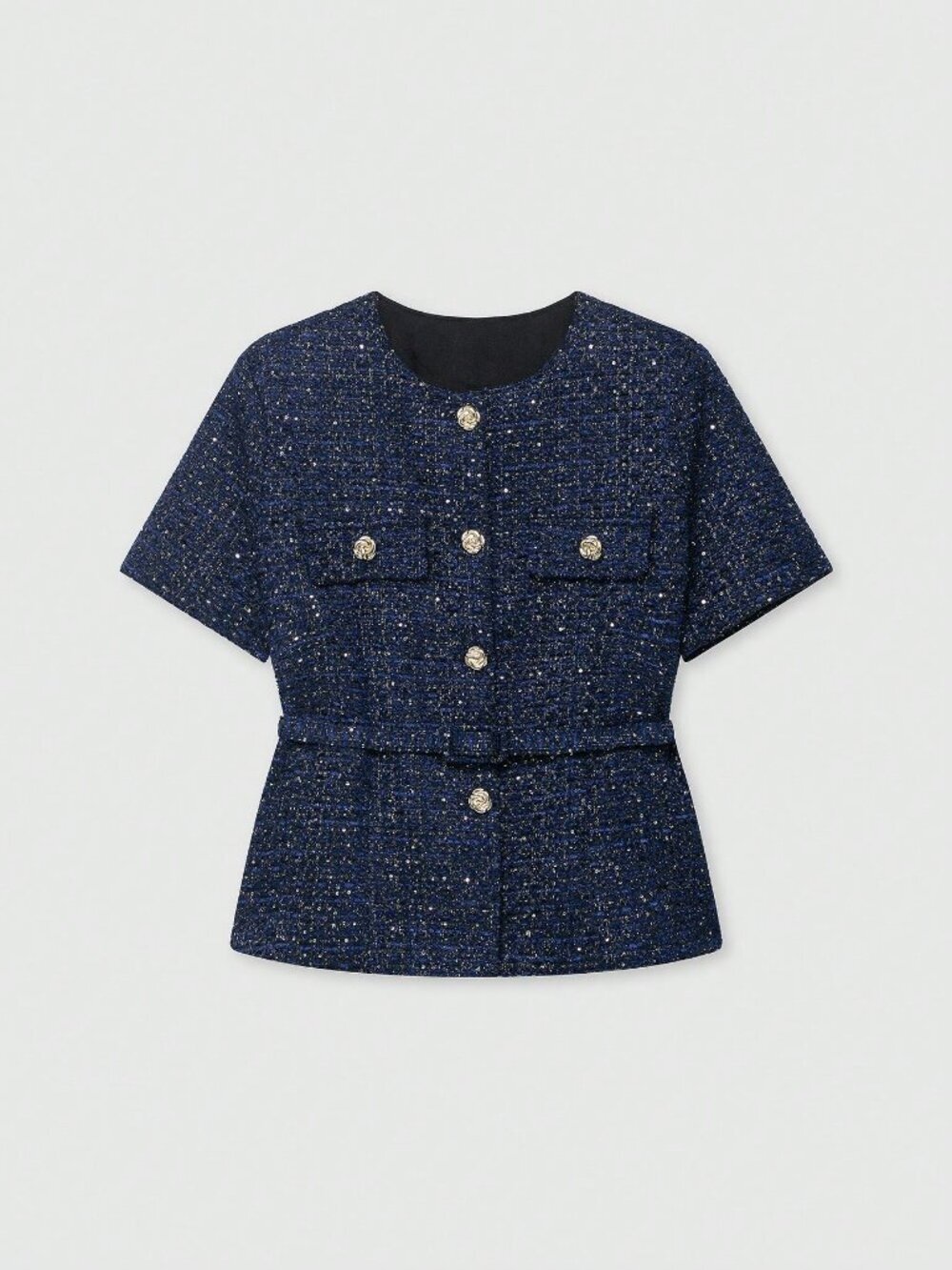Blue Elegant Women's Button Decor Belted Short Sleeve Jacket